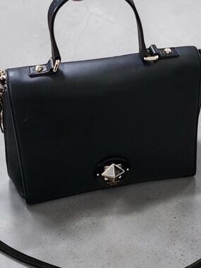 Kate Spade Varick Street Abbie Turn-Lock Close Satchel Black with Taupe Gussets